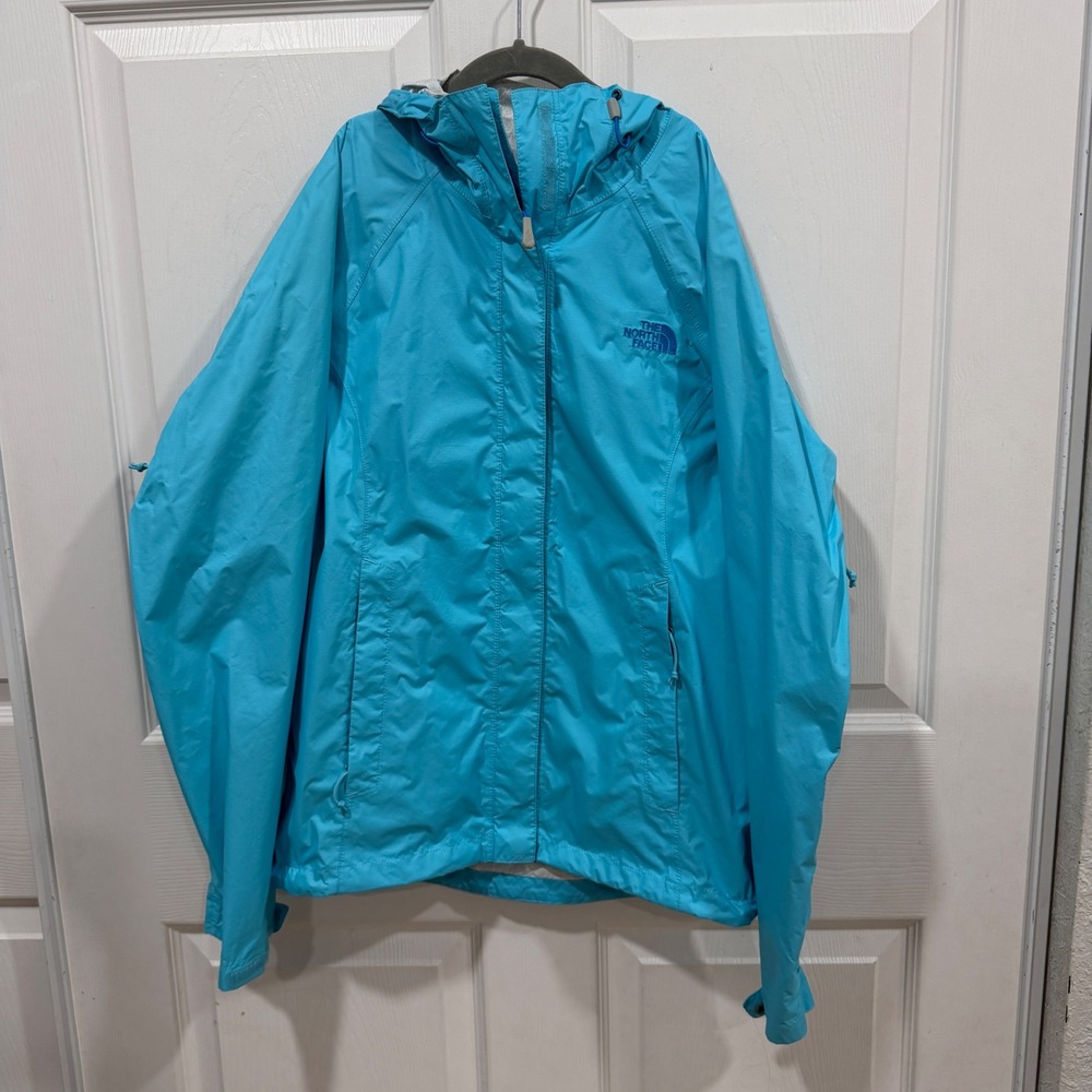 The North Face HyVent Rain Jacket Womens XS Cyan Blue Hooded Windbreaker Shell